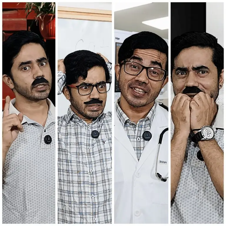 A collage of four different photos showing the creator, in various expressions of frustration and anxiety, portraying the archetypal Indian husband and his "trials and tribulations.