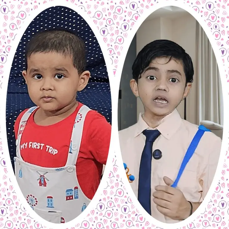 A collage of two images showing Ivaan, the toddler, and Pappu, the schoolboy, visually representing the different stages of childhood discussed in the blog post about Indian family life.