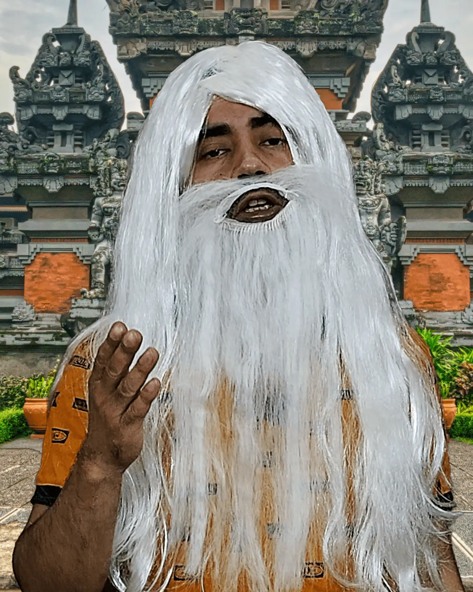 Baba Ji, the guru character in Pandey Ke Bandey, sitting in a thoughtful and philosophical pose.