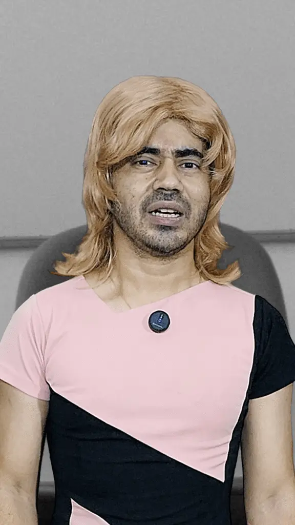 Principal Ma'am, the school principal character in Pandey Ke Bandey, sitting at her desk with a stern and awkward expression.