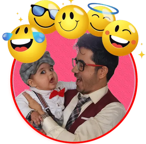 Pandey Ke Bandey logo of a father holding his baby son, surrounded by emojis representing family humor and desi comedy.