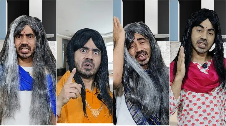 A collage of four different images showing the creator portraying a humorous, multi-character "Mom" figure, a central theme of the "Mom's Logic" blog post.