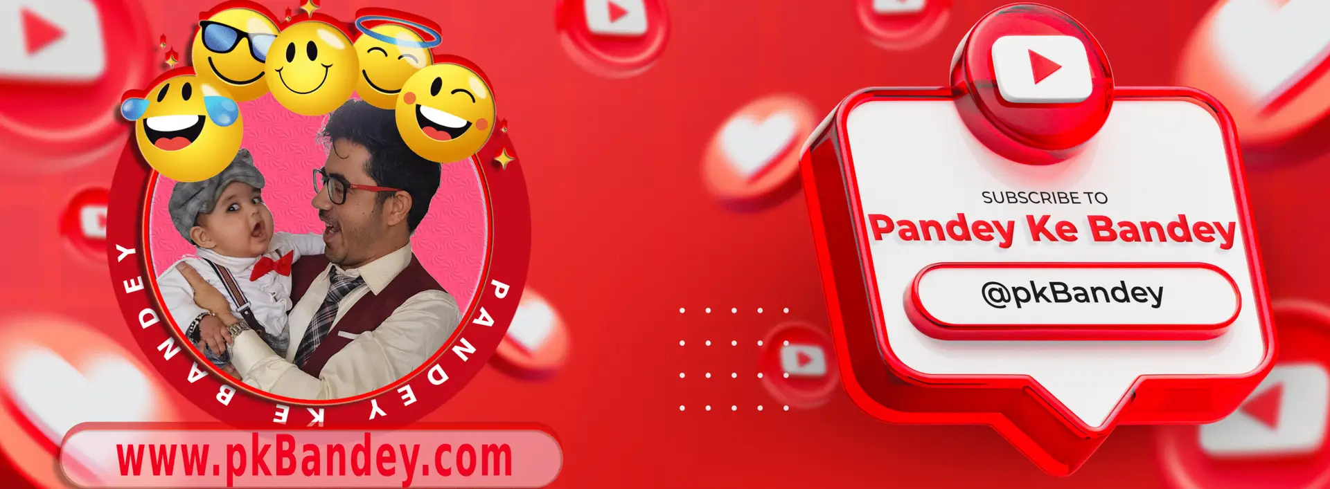 A red-themed footer banner for Pandey Ke Bandey featuring a circular photo of the creator holding a child, surrounded by emojis. The banner includes a "Subscribe" button with the YouTube channel name and the website URL, www.pkBandey.com.