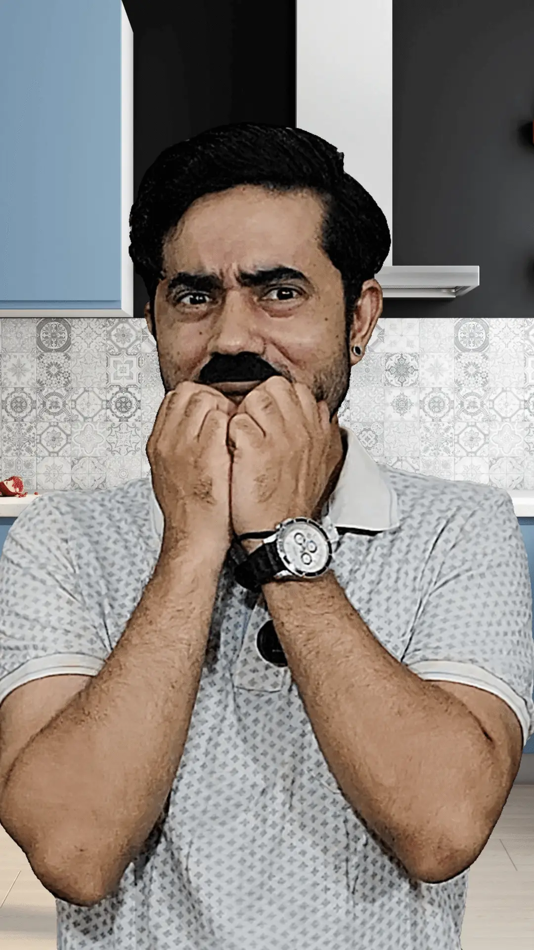 Pandey Ji, the main character of Pandey Ke Bandey, looking exasperated and relatable as a middle-class Indian husband.